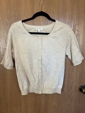 Banana Republic Light Beige Short-Sleeve Button Cardigan with Gold Thread Detail